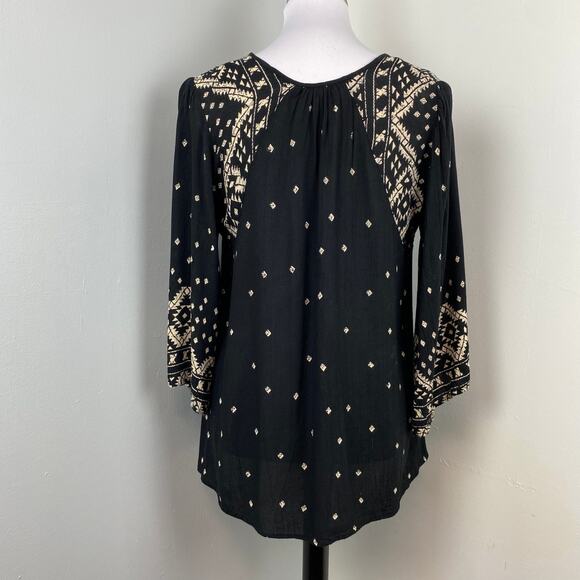Angie Black and White Peasant Boho Chic Bell Sleeve Lace Up Blouse Top Medium - Picture 5 of 7
